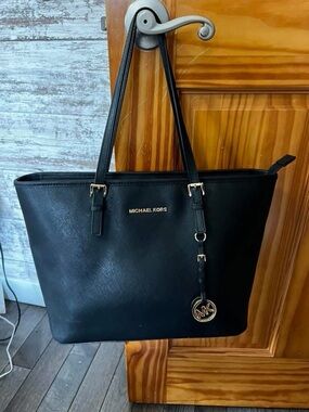 Michael Kors Black Leather Saffiano Tote with Gold Hardware